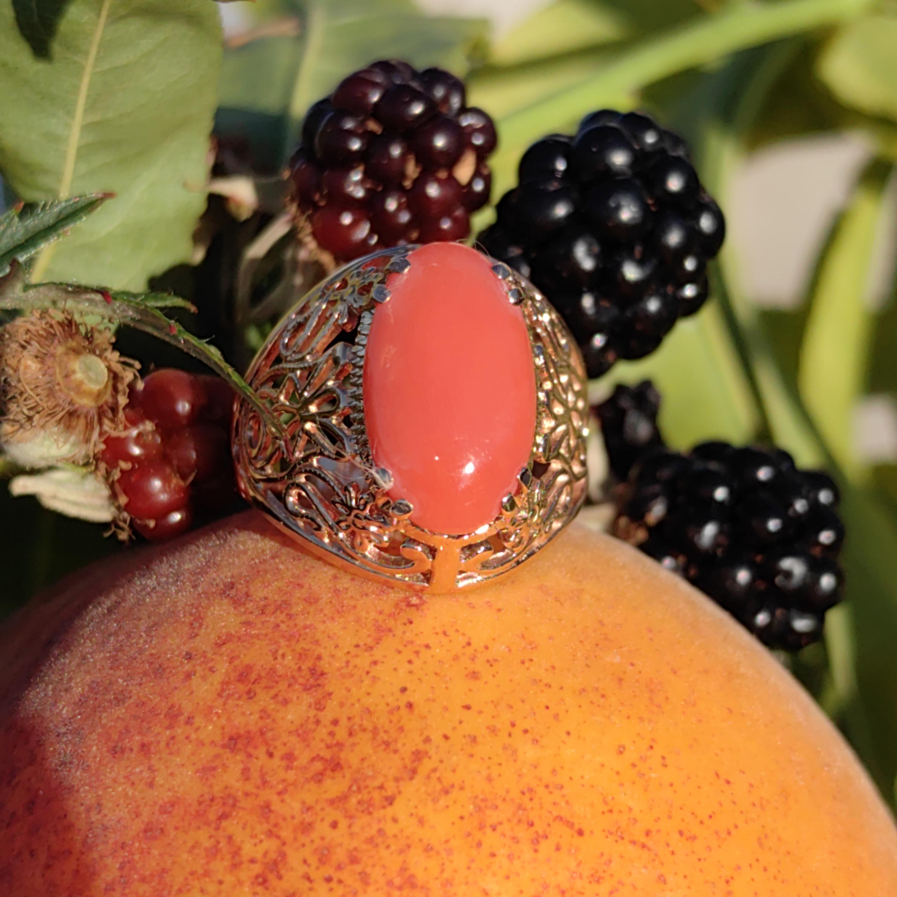 Mediterranean Red Coral Ring: 14k Champagne Gold, Mid-Century Cabochon