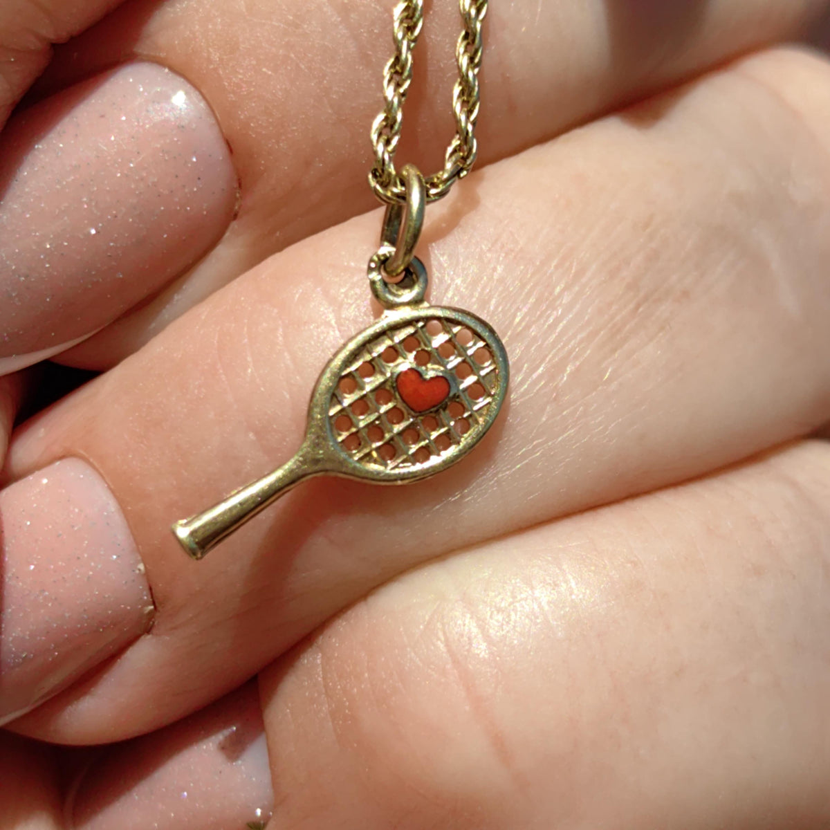 Vintage 14k Solid Yellow Gold Tennis Racket Sports Lover Necklace Pendant Red Heart Hand Painted Fire Enamel Charm Gift for Tennis Player