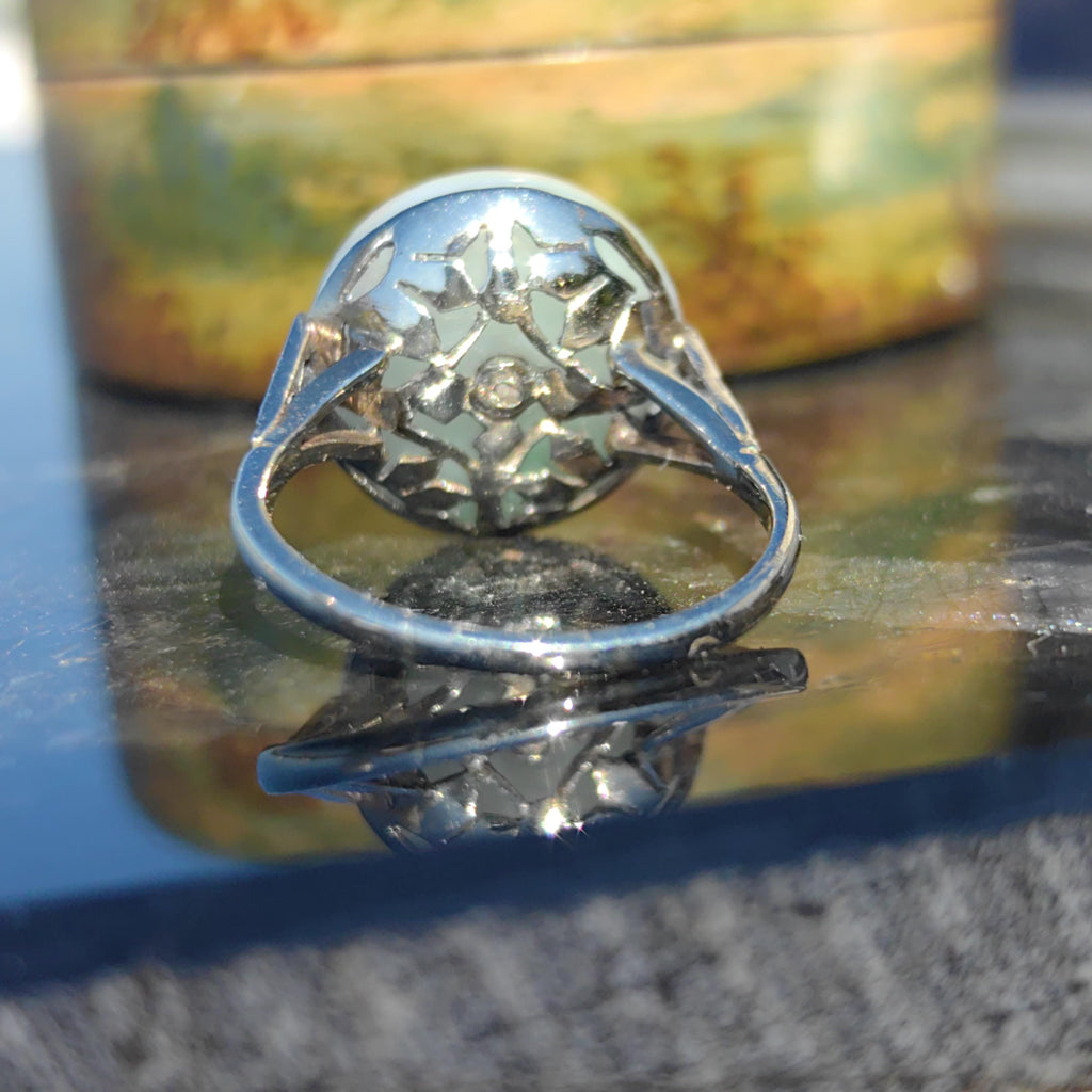 1920s Art Deco Jade Diamond Ring: 18k White Gold French Hallmarks