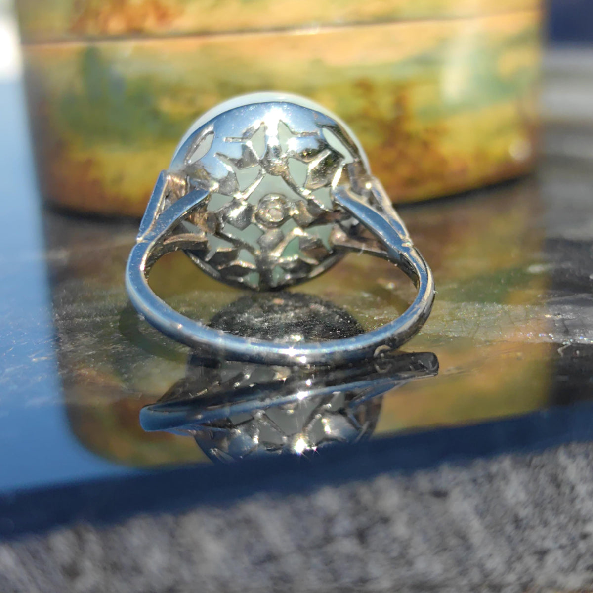 1920s Art Deco Jade Diamond Ring: 18k White Gold French Hallmarks
