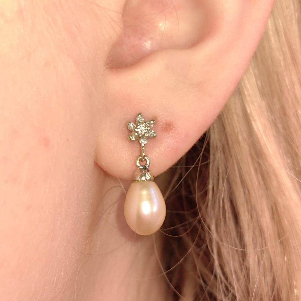 Vintage Diamond Pearl Drop Solid White 18k  Gold Dangle Elegant Dainty Earrings Gift for her wife romantic present Christmas birthday