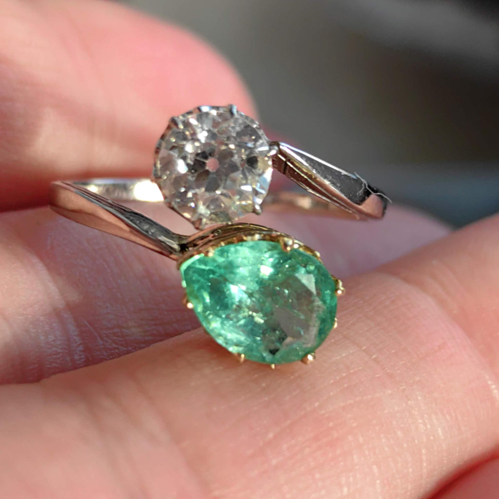 Edwardian Colombian Emerald Diamond Ring: 18k White Gold Antique Engagement Band