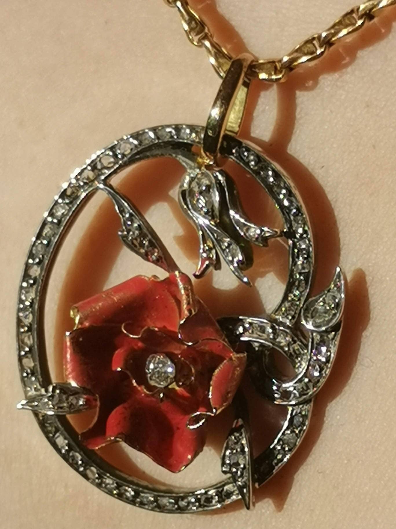 Antique Gold Poppy Flower Pendant Rose Cut Diamonds Red Hand Painted Enamel Art Nouveau Floral Vintage Charm