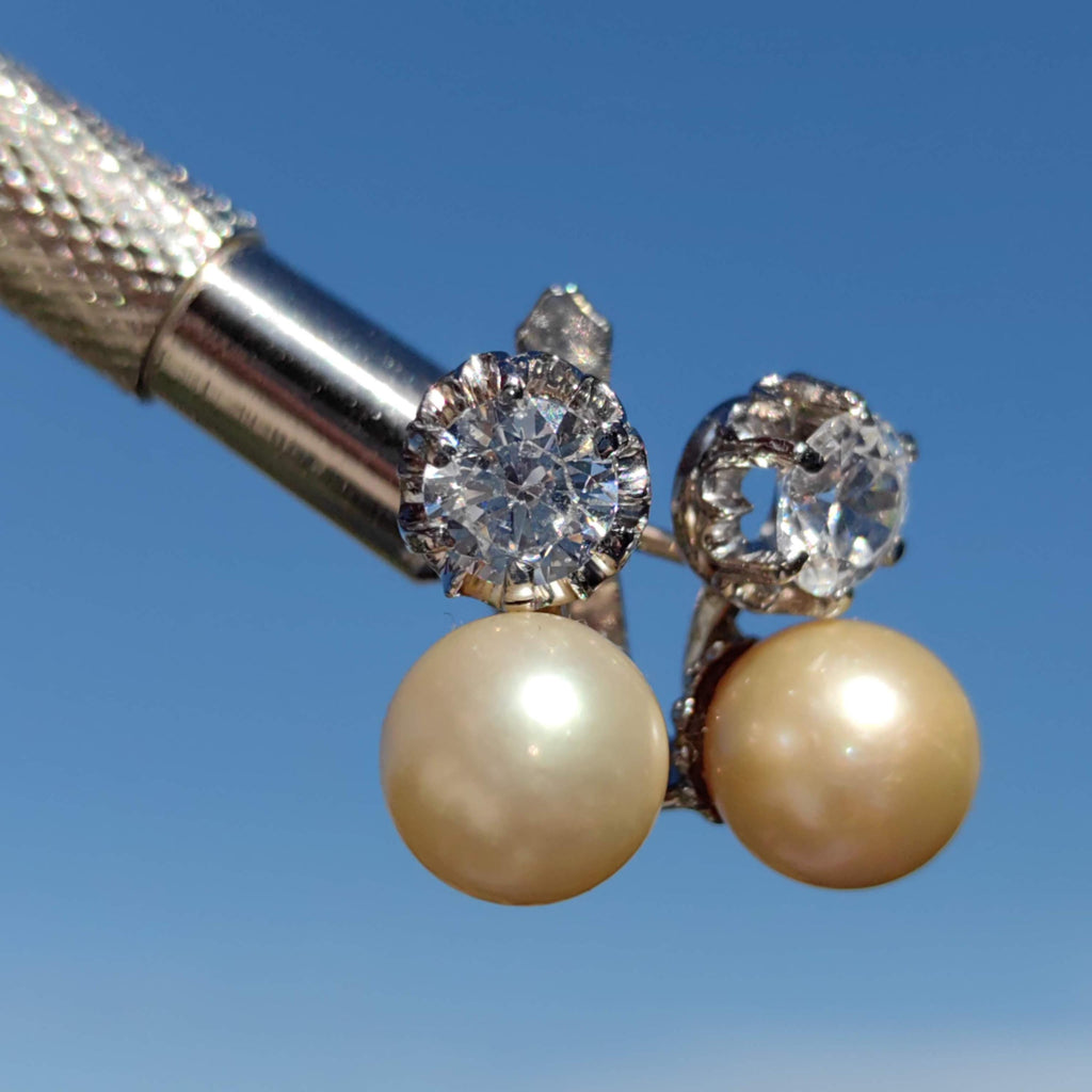 Art Deco Pearl Earrings: White Sapphire 18k White Gold, Handmade 1930s Style