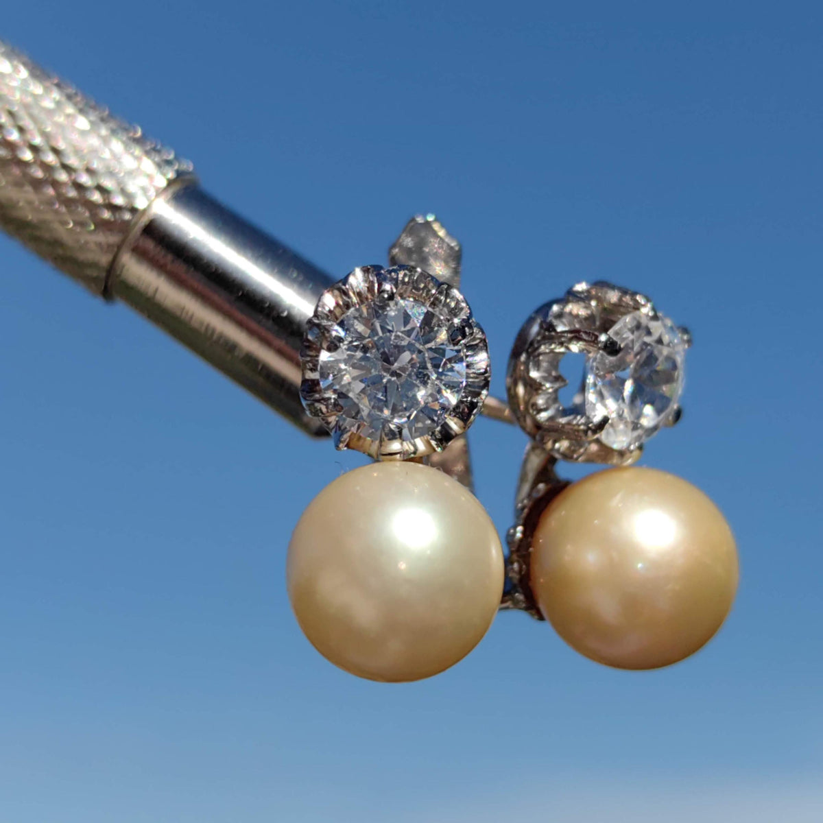 Art Deco Pearl Earrings: White Sapphire 18k White Gold, Handmade 1930s Style