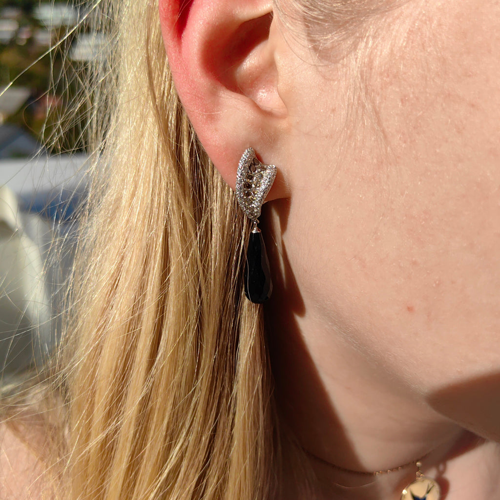 Vintage White and Champagne Diamond Onyx 18k Solid White Gold Statement Dangle Earrings