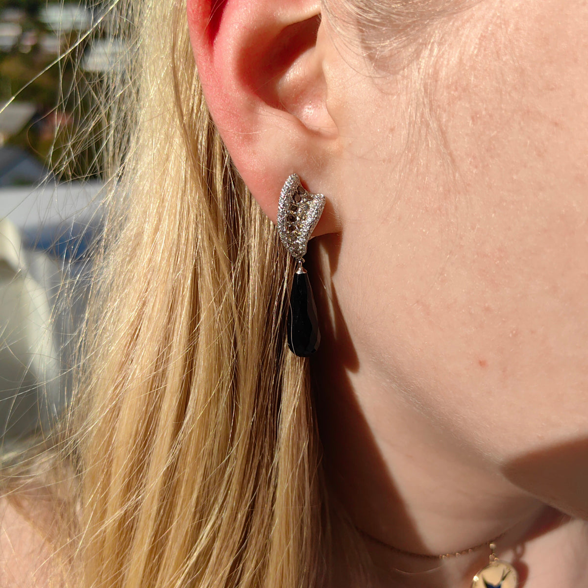 Vintage White and Champagne Diamond Onyx 18k Solid White Gold Statement Dangle Earrings