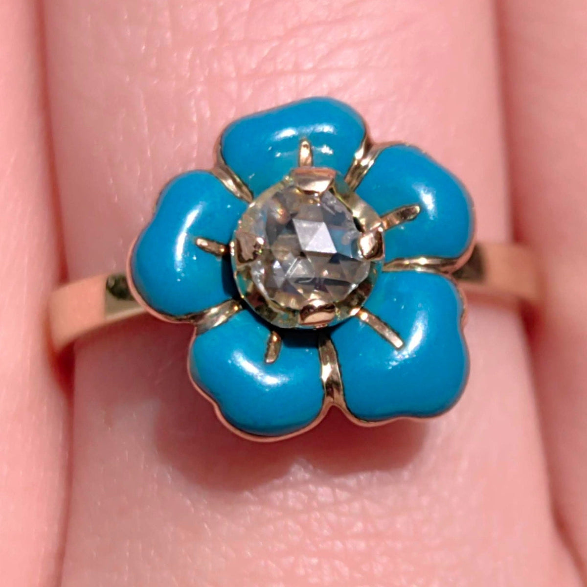 Victorian 14k Gold Diamond Ring: Turquoise Enamel Floral Design