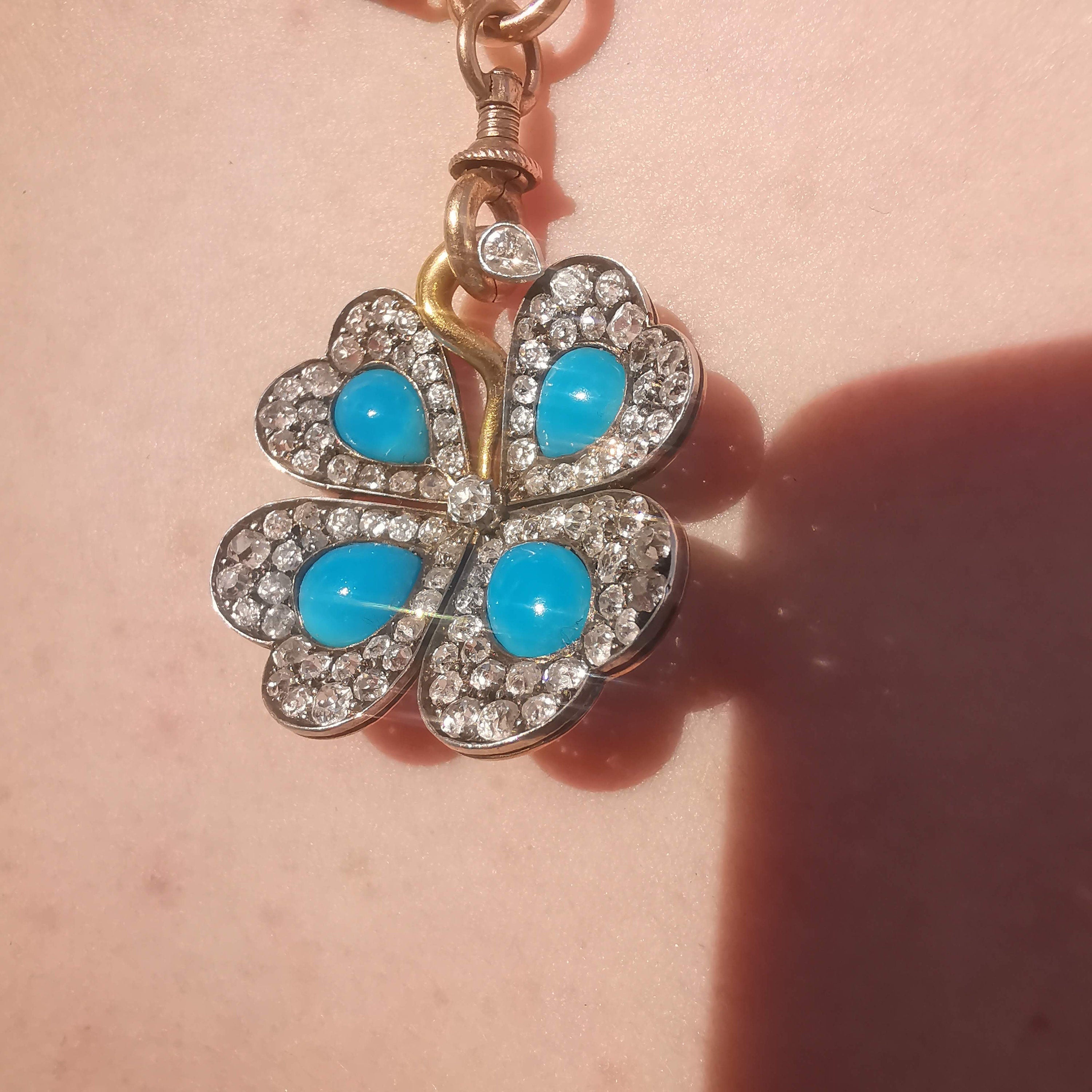 Art Nouveau 18K Gold Turquoise Diamond Pendant Necklace, Antique 1900s Four Leaf Floral Charm, Old European Cut Jewelry
