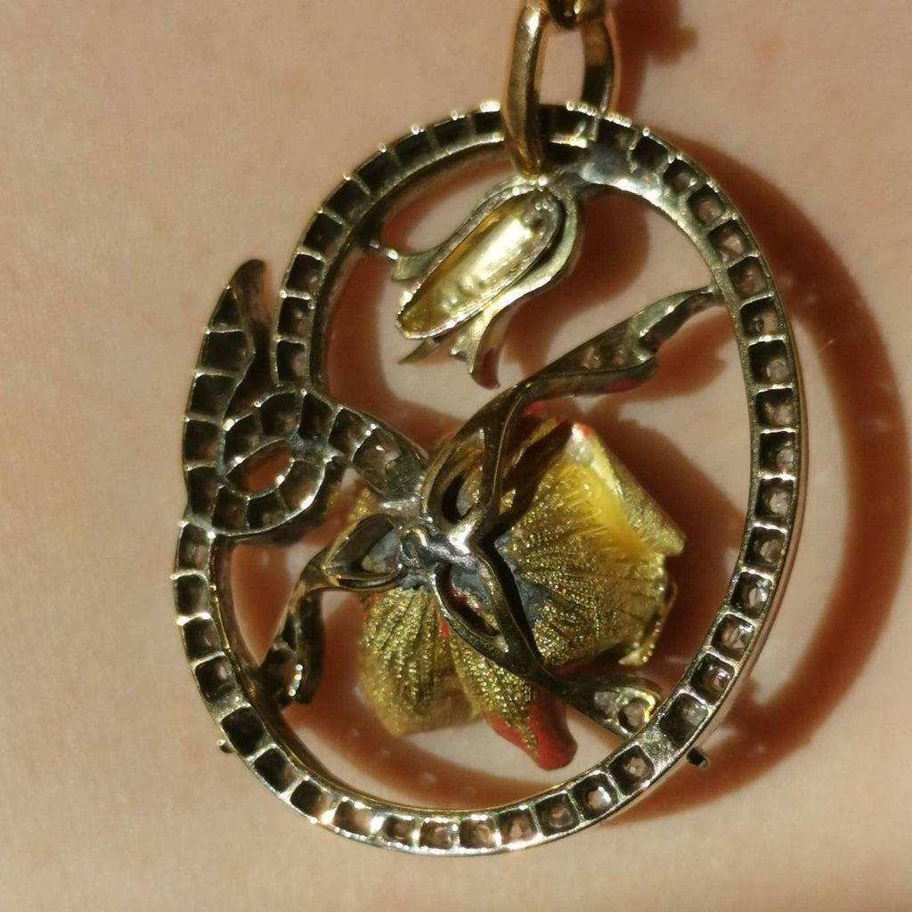 Antique Gold Poppy Flower Pendant Rose Cut Diamonds Red Hand Painted Enamel Art Nouveau Floral Vintage Charm