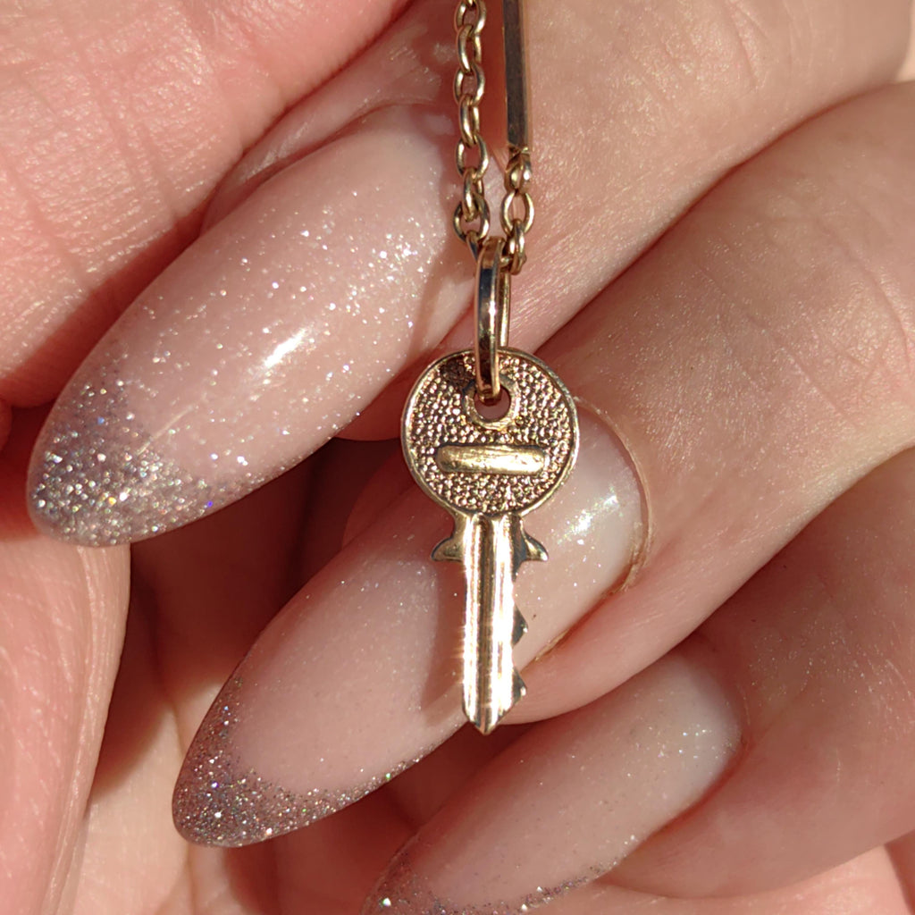 Antique Vintage Solid 14k Yellow Rose Champagne Gold Dainty Elegant Key Necklace Pendant Bracelet Charm  Gift for Her