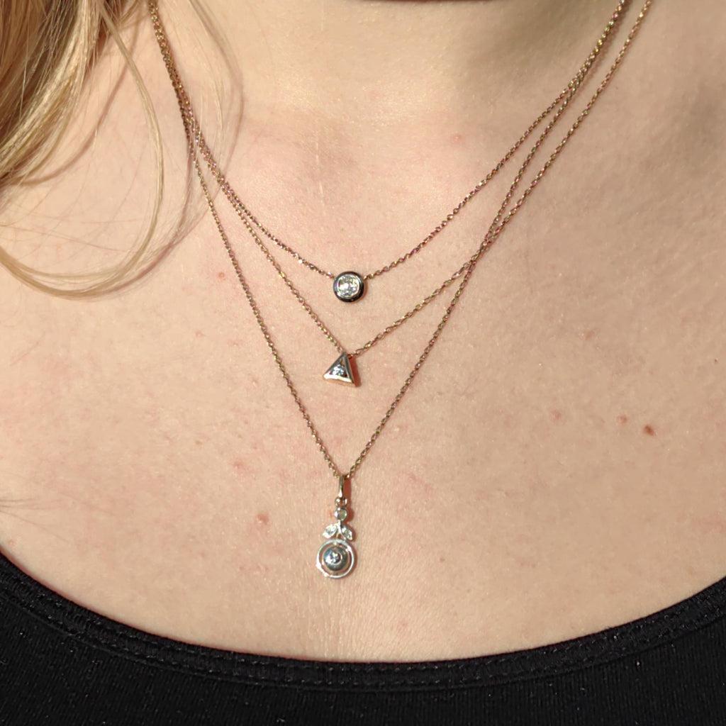 Solitaire Diamond Solid 14k Yellow Gold Vintage Geometric Triangle Pyramid Elegant Necklace Gift for Her