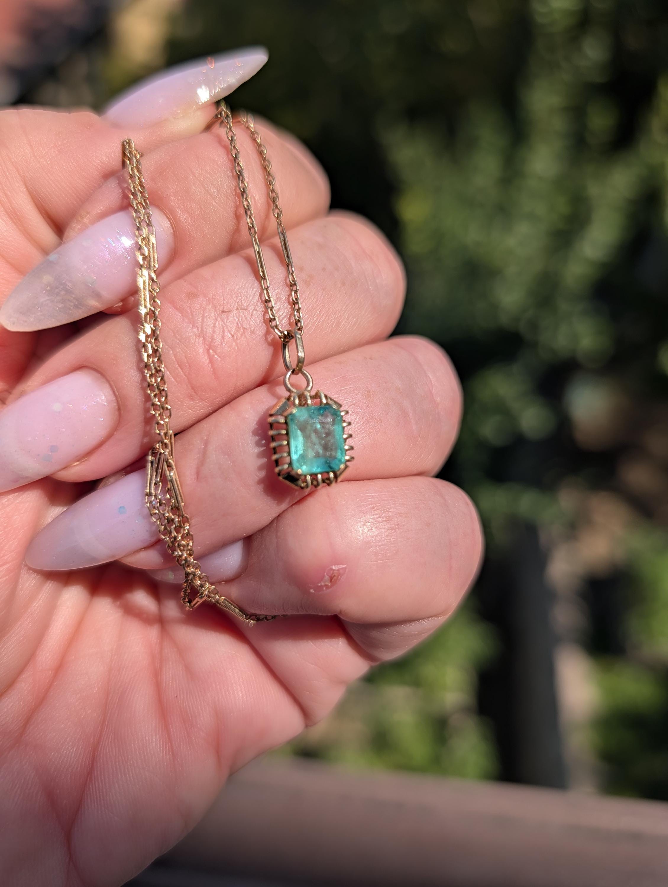Antique 1920s Art Deco Emerald Pendant Necklace with chain 14k Gold Hallmarked Emerald Cut Gold Chain Jewelry Gift US Duty Free HTS 9706