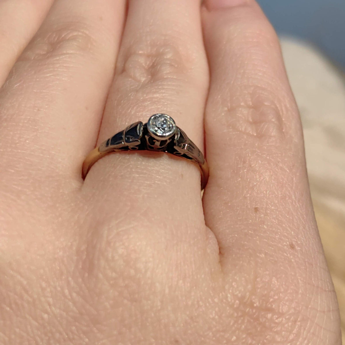 Vintage 18k Solid Yellow Gold and Platinum Natural Diamond Solitaire Ring 1900s English Hallmarked Engagement Ring Gift for Her