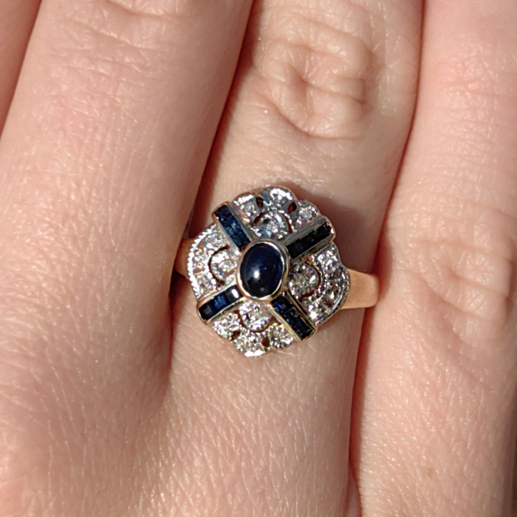 Vintage Art Deco 14k Gold Sapphire Diamond Ring - Size 6.5