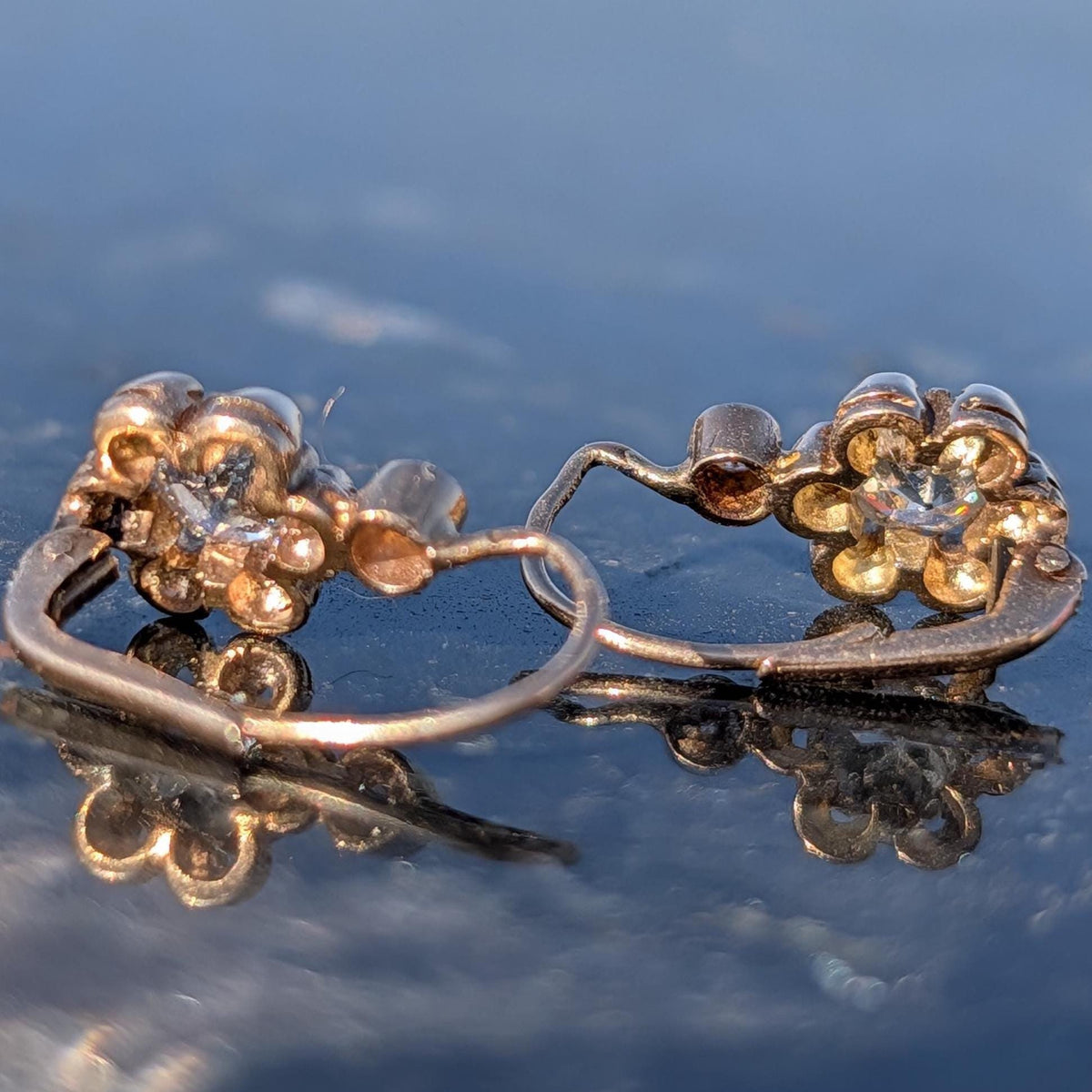 Antique Diamond Sleeper Earrings 14K Gold Hallmarked 1940s Floral Old Cut Diamond Earrings Vintage Bridal Gift for Her
