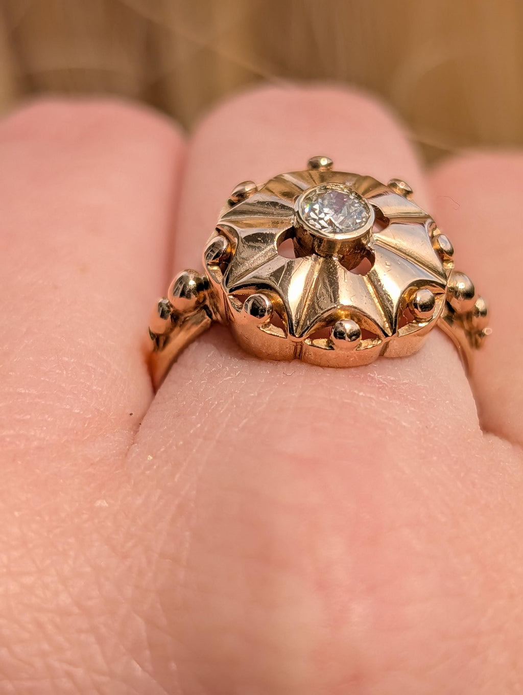 1920s Art Deco Diamond Ring 14k Yellow Gold, Old European Cut Diamond Statement Ring, Antique Floral Ring US 8.75