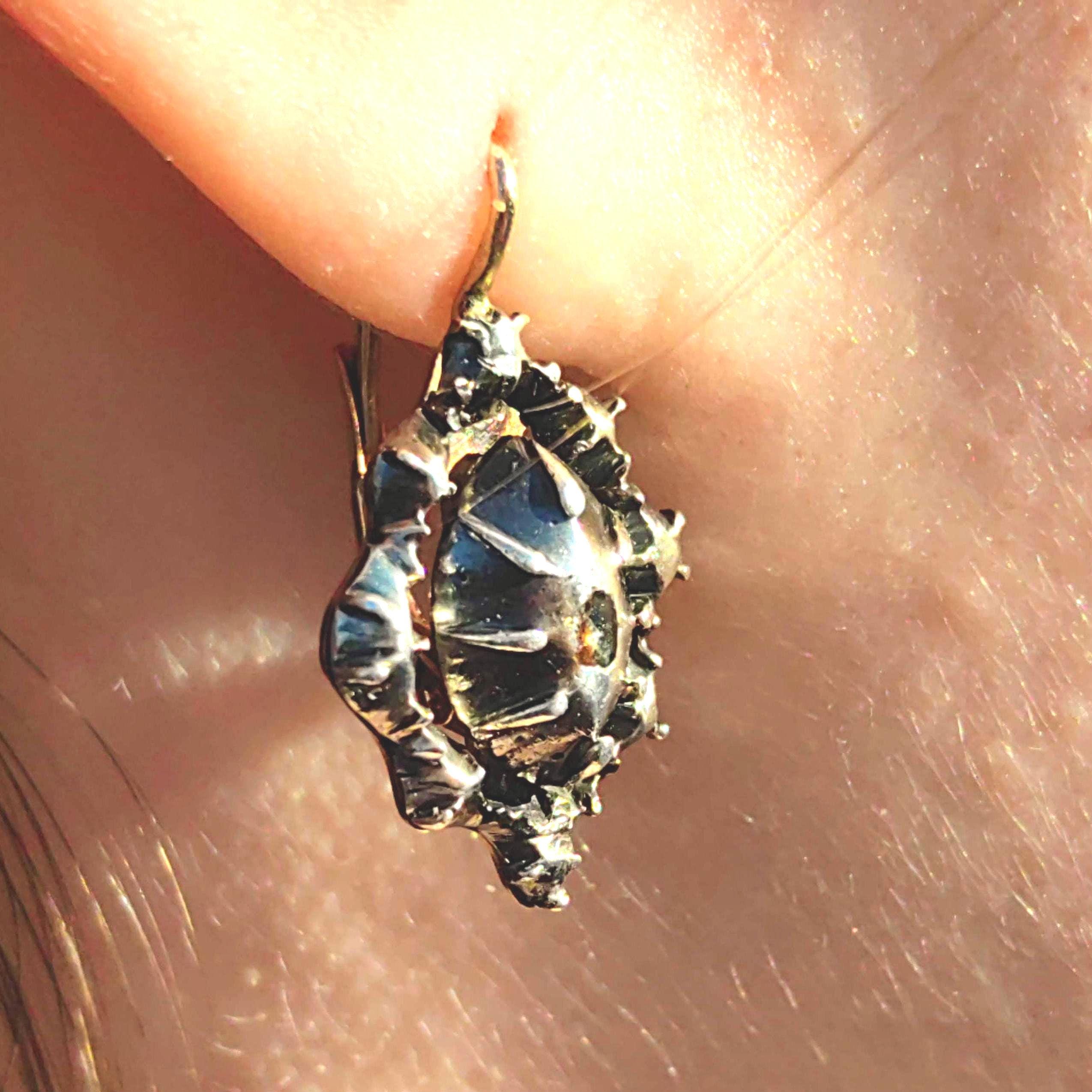 Baroque Diamond Earrings: Victorian 14K Gold & Silver Dormeuses