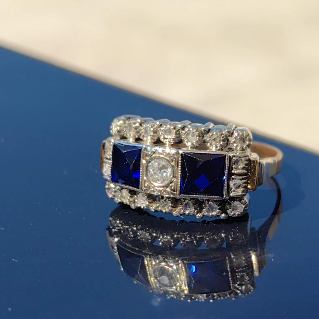Art Deco 18k Gold Ring: Lab Sapphire & Diamond Chevalier Ring