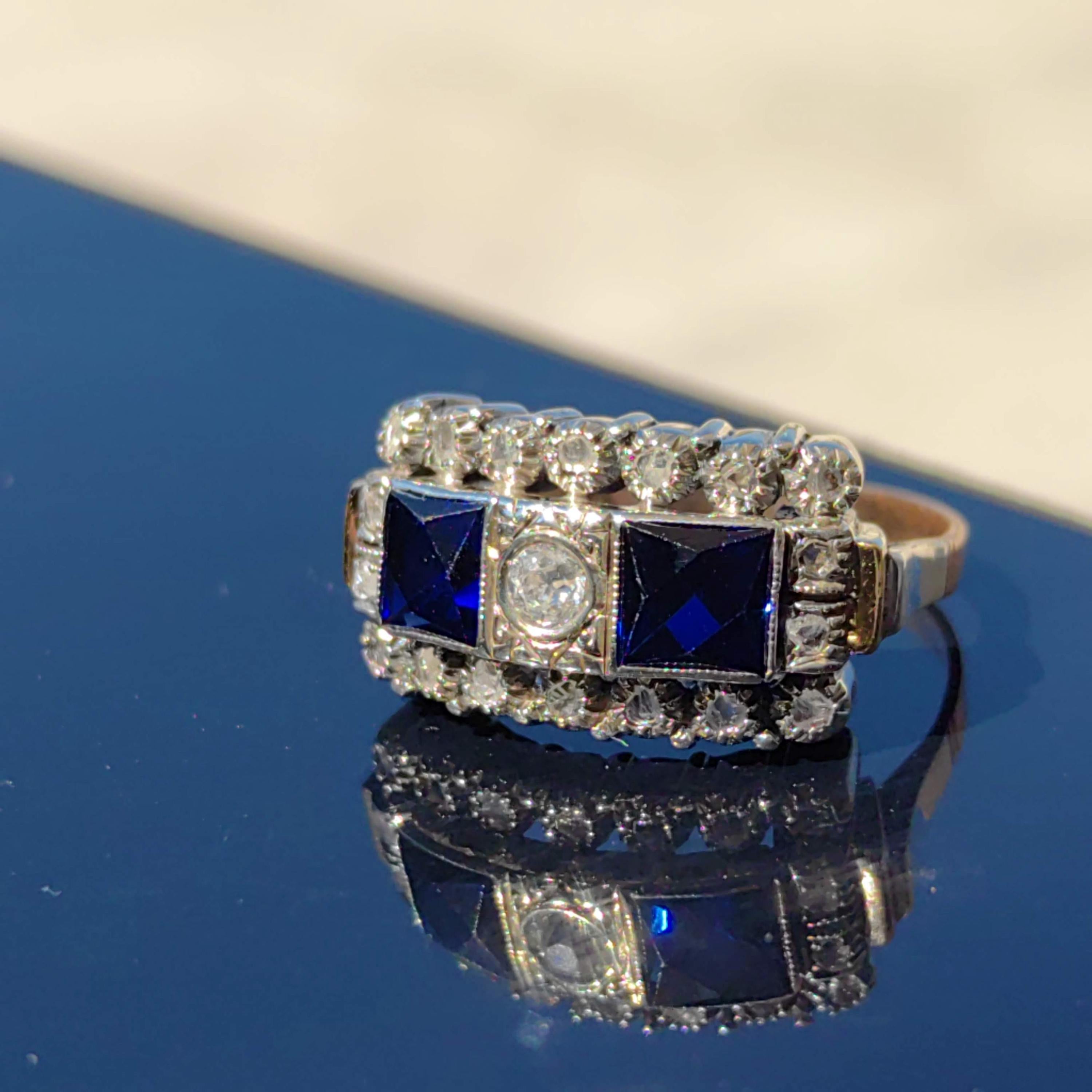 Art Deco 18k Gold Ring: Lab Sapphire & Diamond Chevalier Ring