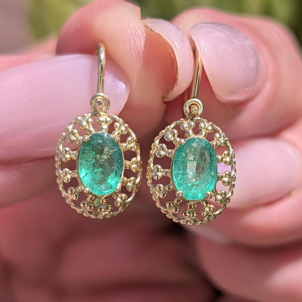 Late Art Deco 1940s Emerald Earrings, 14k Yellow Gold Natural Emerald Drop Earrings, Vintage Heirloom Fine Dangle Earrings Gift for Her