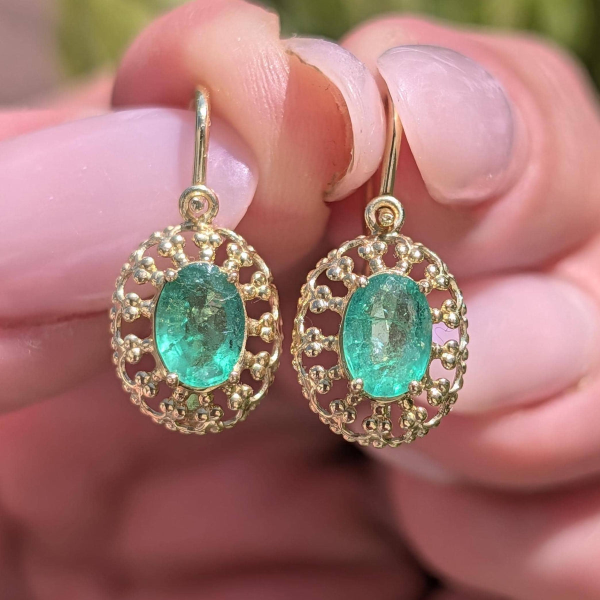 Late Art Deco 1940s Emerald Earrings, 14k Yellow Gold Natural Emerald Drop Earrings, Vintage Heirloom Fine Dangle Earrings Gift for Her