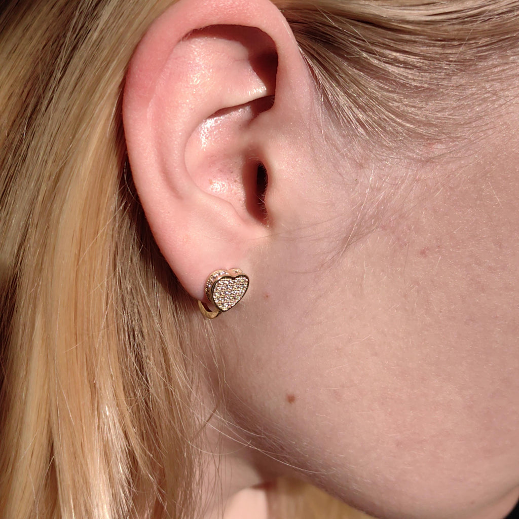 Heart 14k Solid Yellow Gold CZ Pavé Vintage Earrings Love Romantic Gift for her Elegant Dainty Earrings Leverback closure secure hinged back
