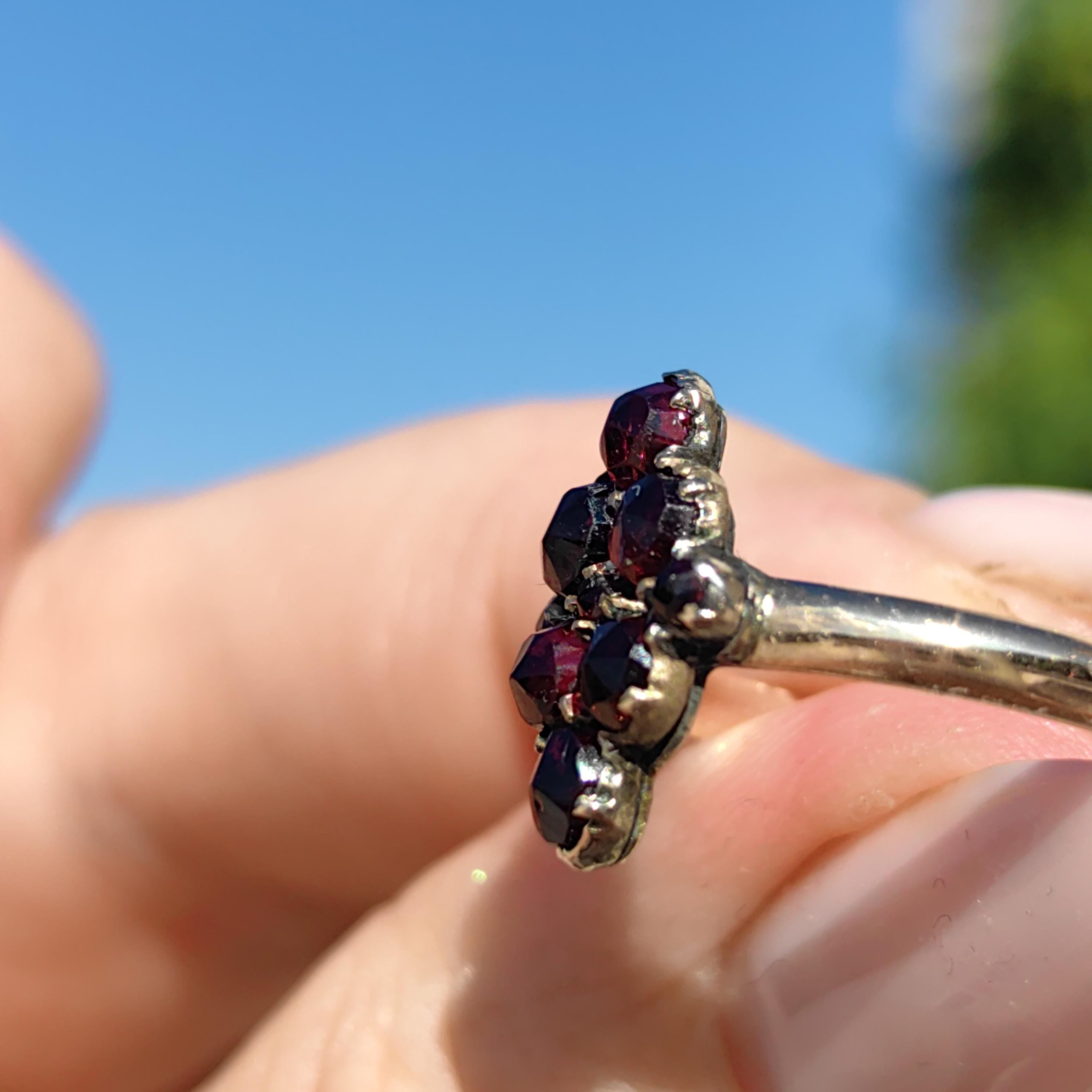 Antique 14k Yellow Gold Garnet Ring: Hand-Chiseled Floral Design