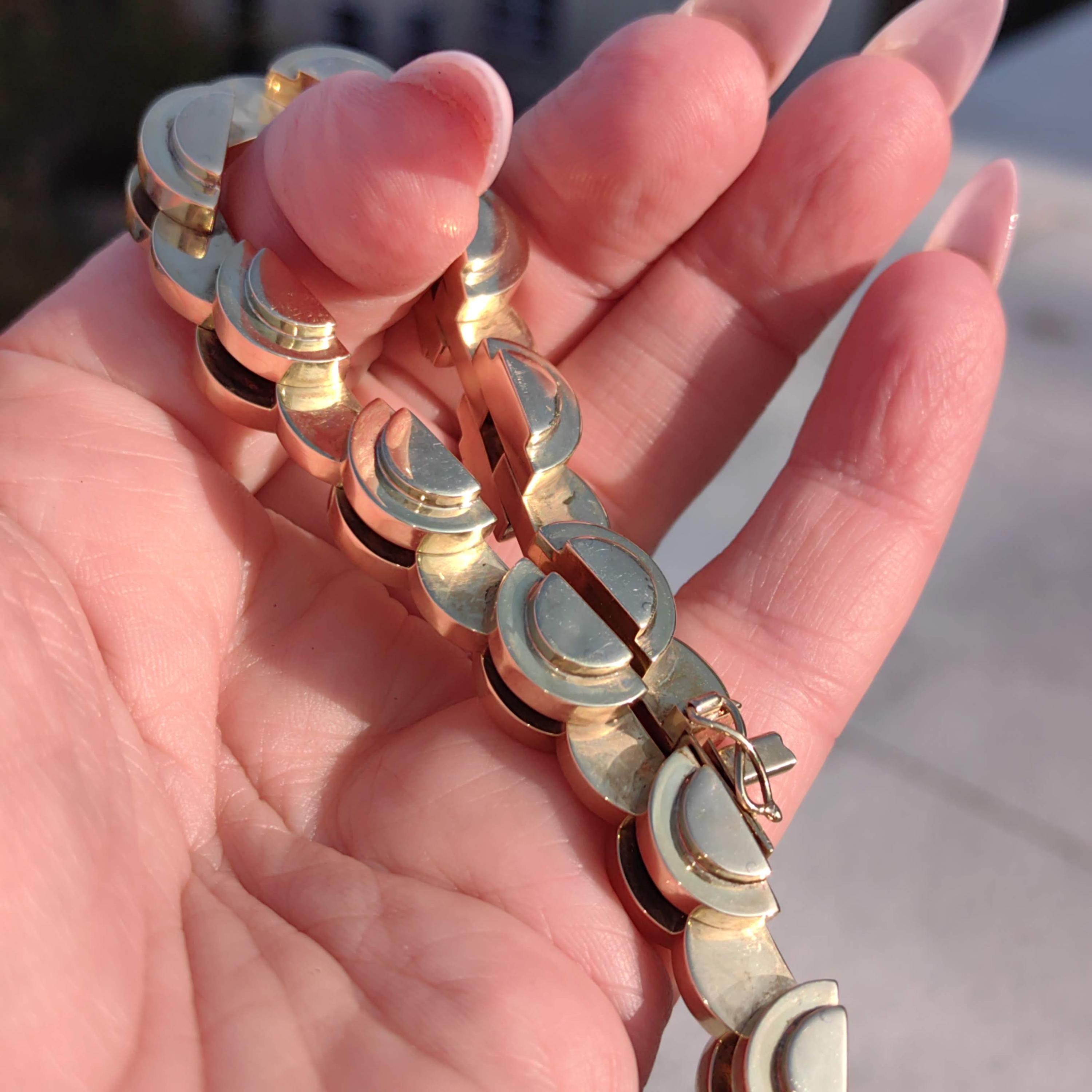 Art Deco 14k Gold Geometric Link Bracelet - 21cm Handmade Statement