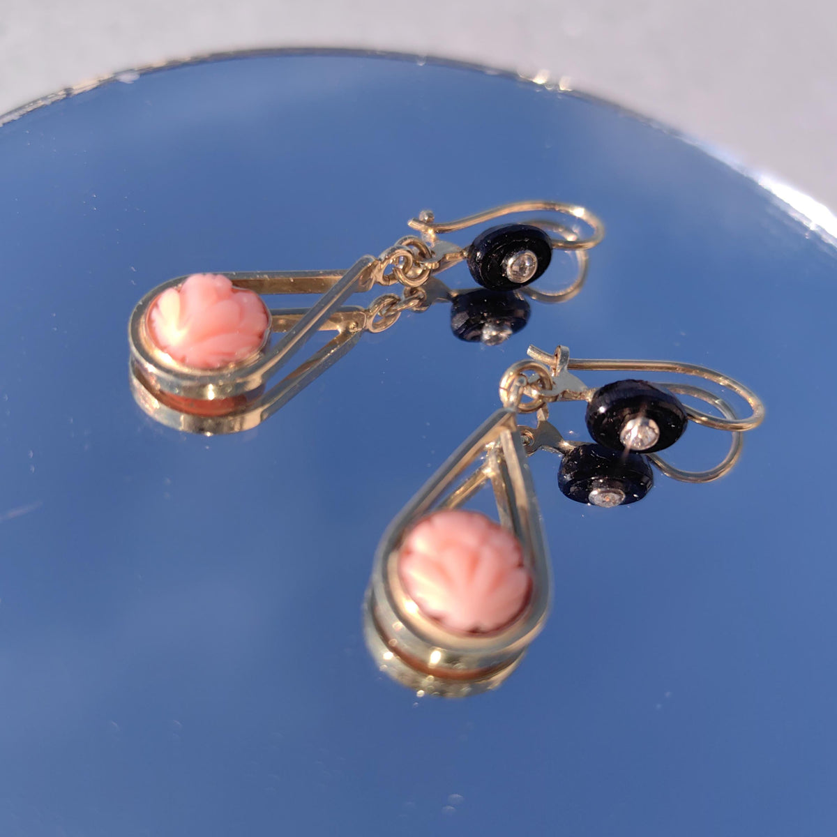 Art Deco Coral Dangle Earrings: Diamond, Onyx, 14k Gold, 1940s Vintage