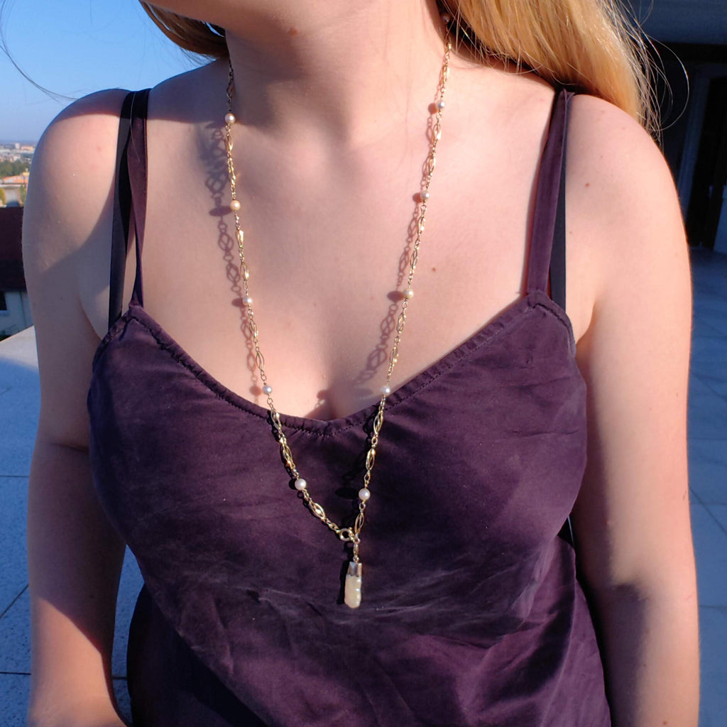 Vintage 14k Gold Pearl Beaded Chain Necklace - 73cm Art Deco Gift