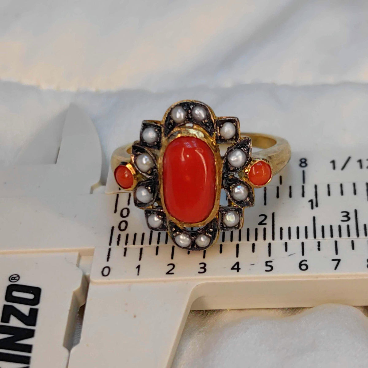 Art Deco 18k Solid Yellow Gold Bright Red Coral Gray Dainty Pearl Statement Ring Retro 1940s Geometric Ring Gift Present