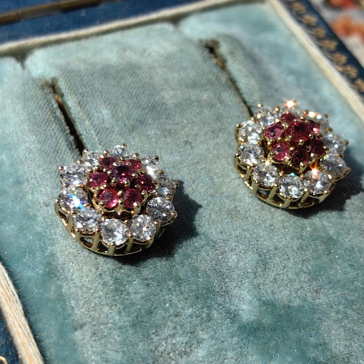 Vintage 18K Gold Floral Earrings: Ruby and Diamond Studs