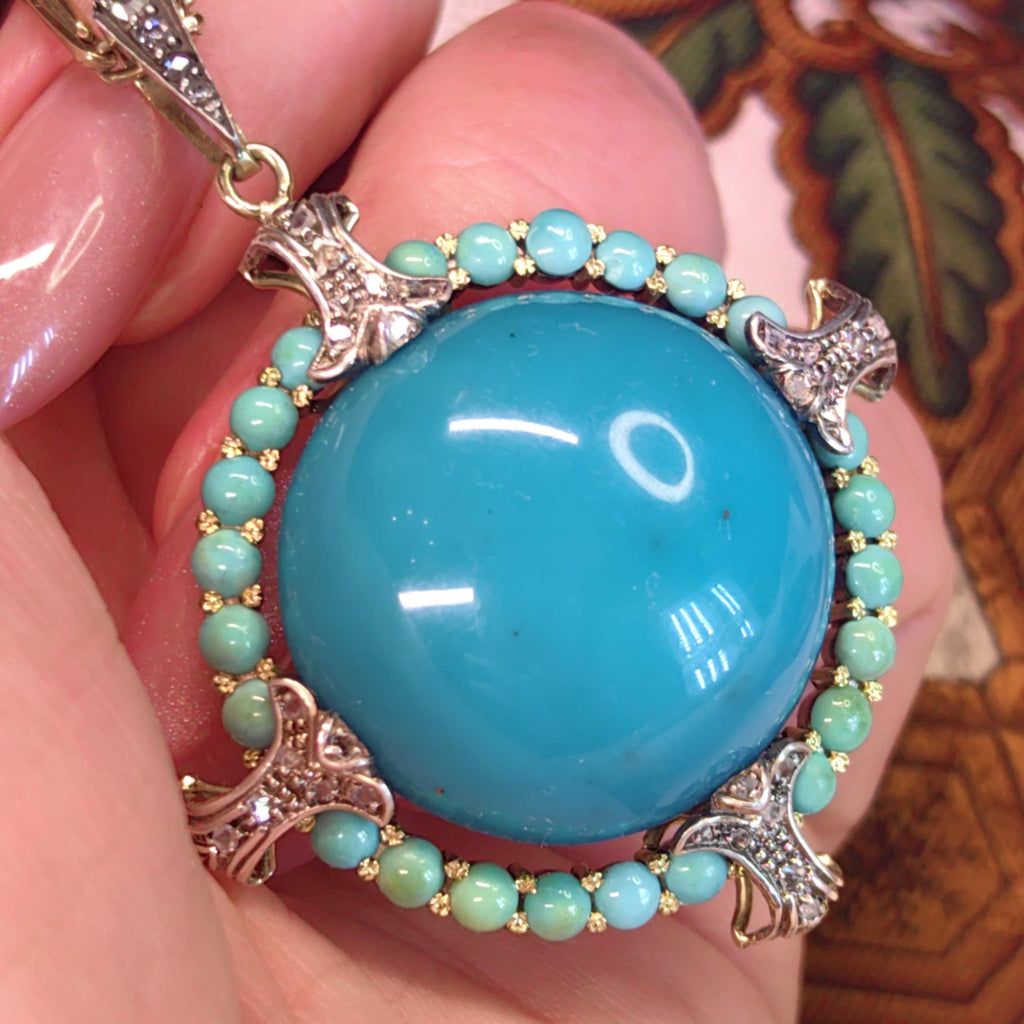 1930s Art Deco Natural Blue Turquoise Pendant 18k Solid Yellow Gold Rose Diamond Statement Pendant Charm Gift for Her Present