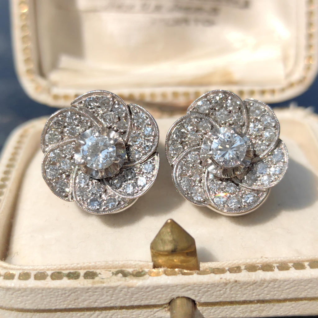 18k Solid White Gold Diamond Art Deco 1920s Elegant Large Statement Earrings with Floral Design Gift for her Present