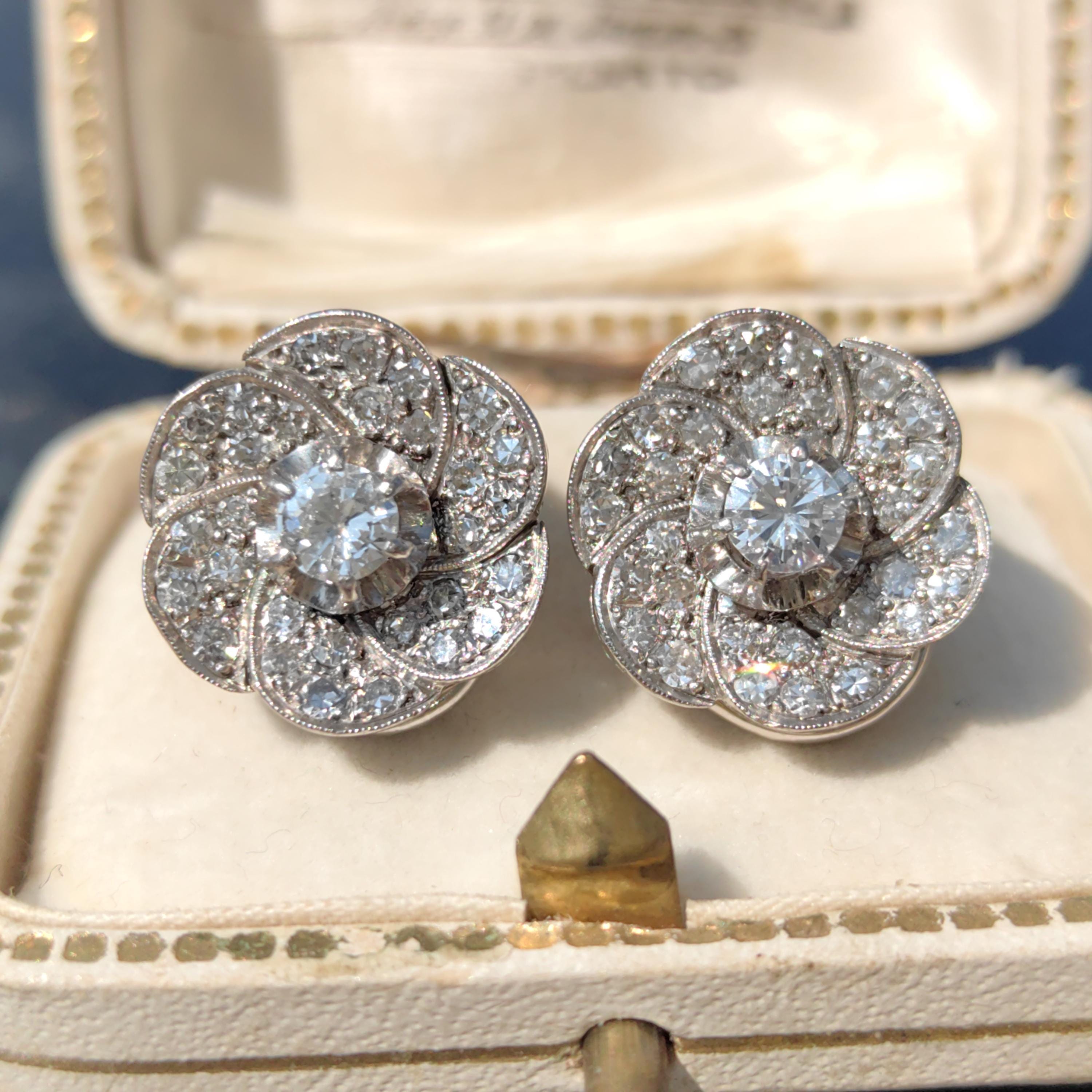 18k Solid White Gold Diamond Art Deco 1920s Elegant Large Statement Earrings with Floral Design Gift for her Present