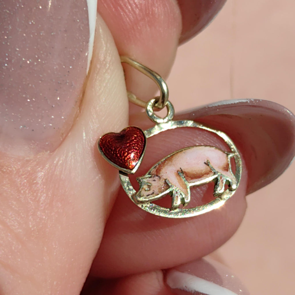 14k Gold Fire Enamel Pig Pendant: Art Nouveau Farm Charm