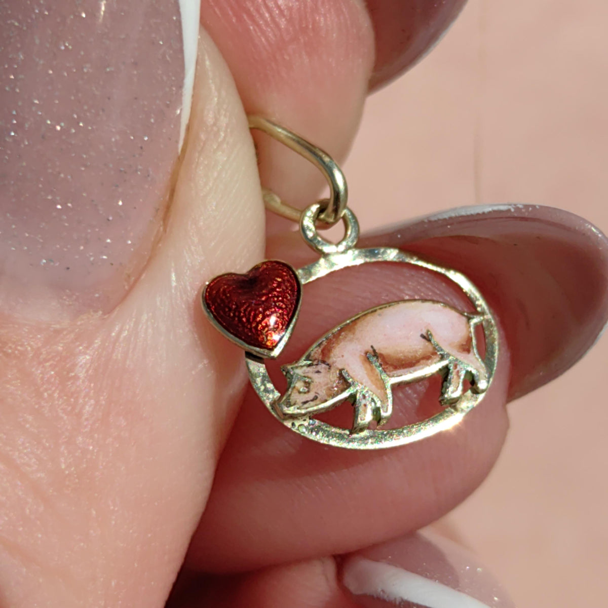 14k Gold Fire Enamel Pig Pendant: Art Nouveau Farm Charm
