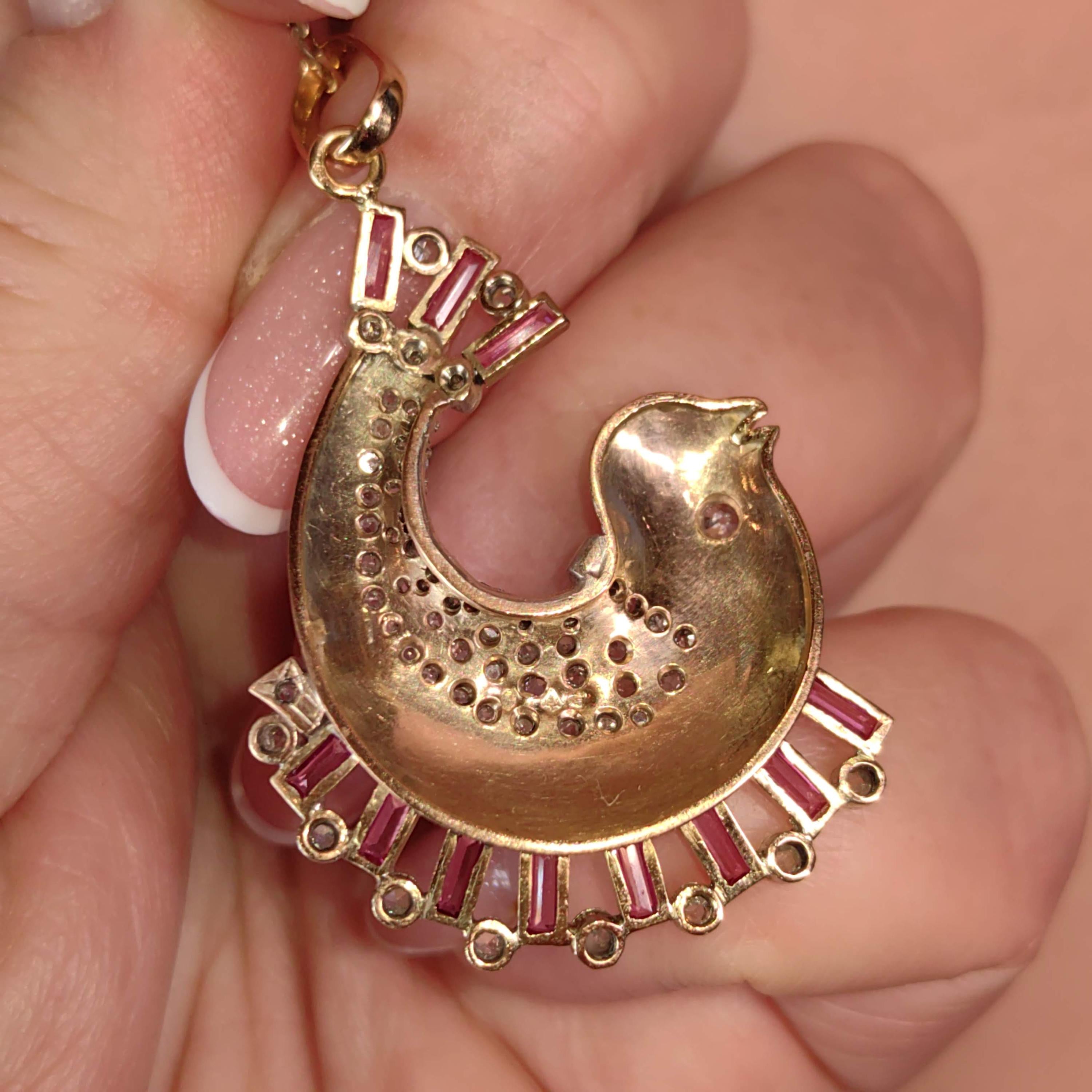 Art Deco 18K Gold Dolphin Pendant: Diamond & Ruby Accent