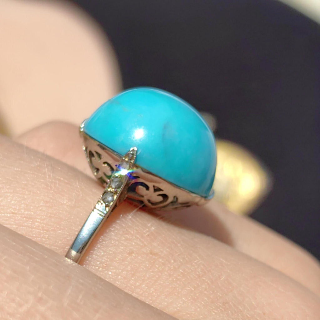1920s Art Deco 18K White Gold Natural Blue Turquoise Diamond Ring, French Hallmark Antique Statement Engagement Jewelry