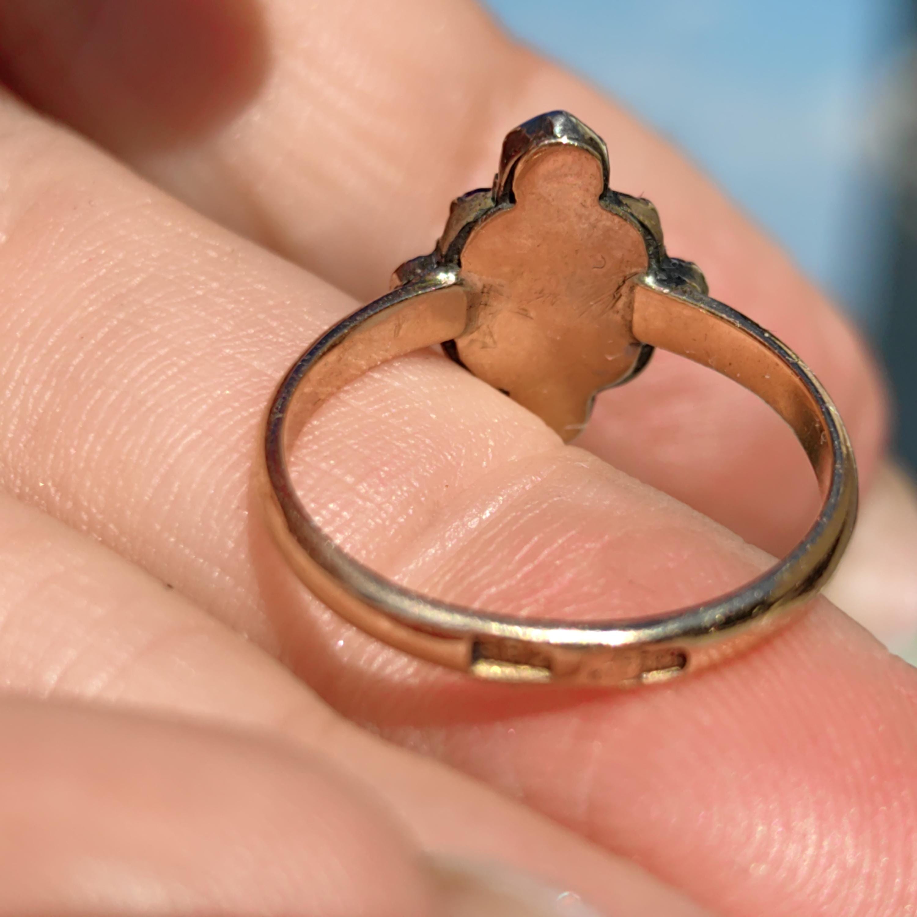 Antique 14k Yellow Gold Garnet Ring: Hand-Chiseled Floral Design