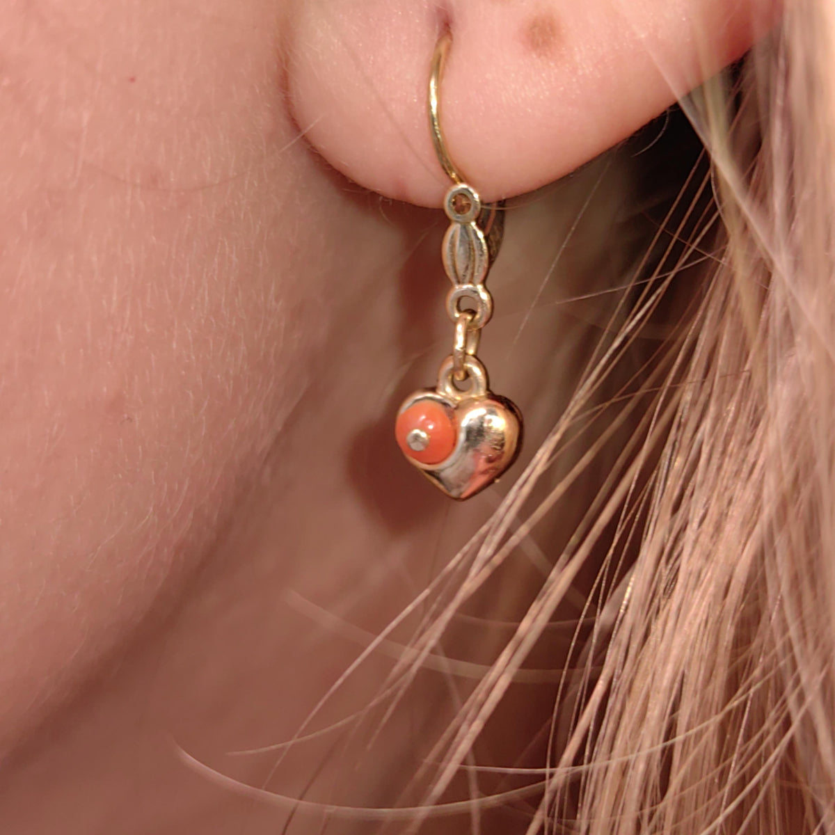 Antique Vintage Mediterranean Red Coral Heart Shaped Love Dangle Solid 8k Gold Drop Mid Century Charm Earrings Gift for Her Present