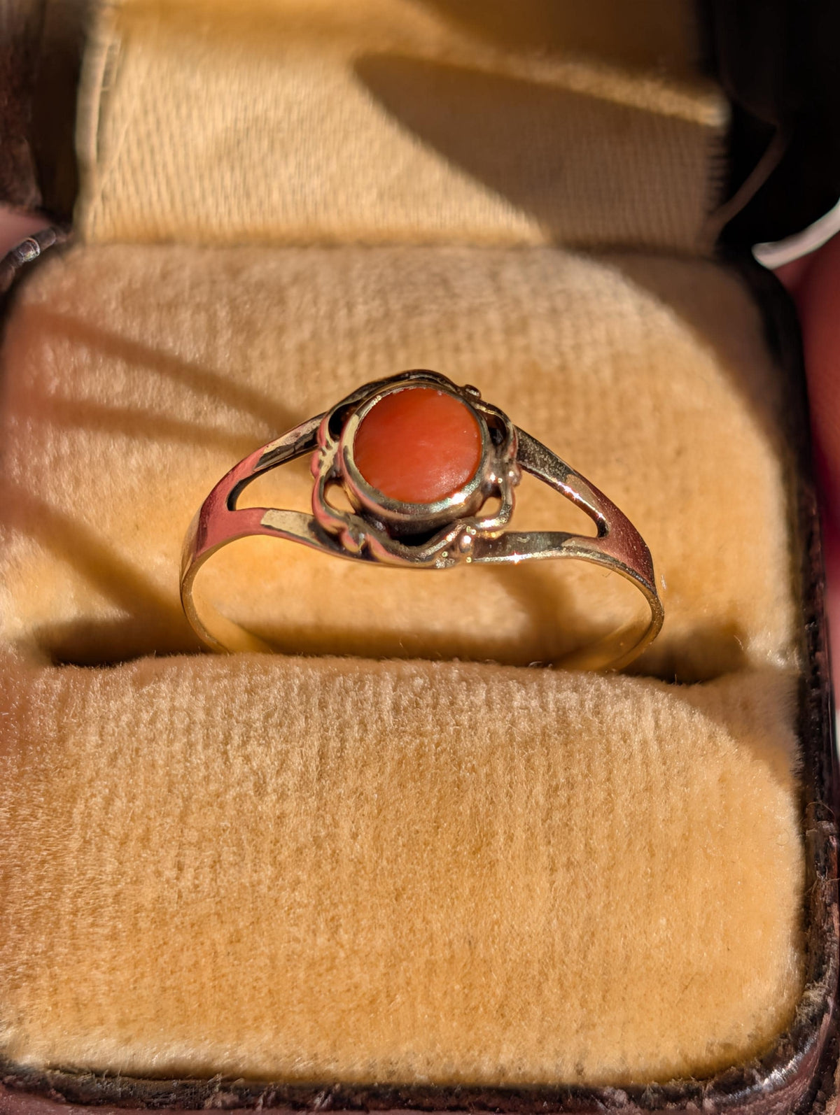 1920s Art Deco 14k Gold Mediterranean Red Coral Ring, Antique Vintage Round Coral Ring, Size 5 3/4 US, 51 EU, Free Resizing