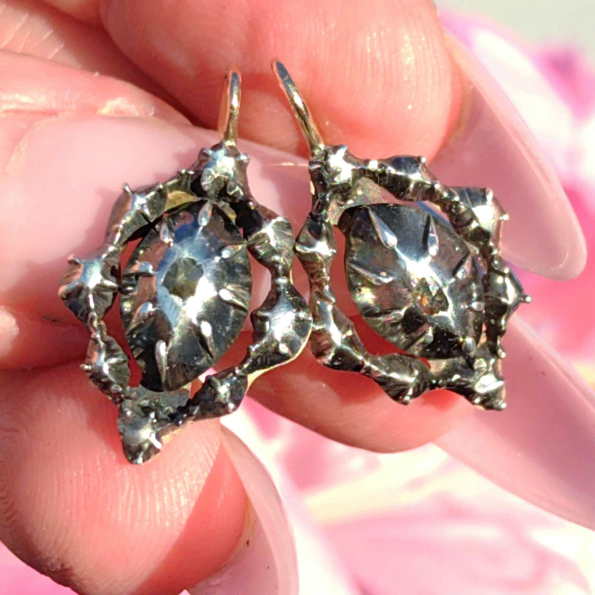 Baroque Diamond Earrings: Victorian 14K Gold & Silver Dormeuses