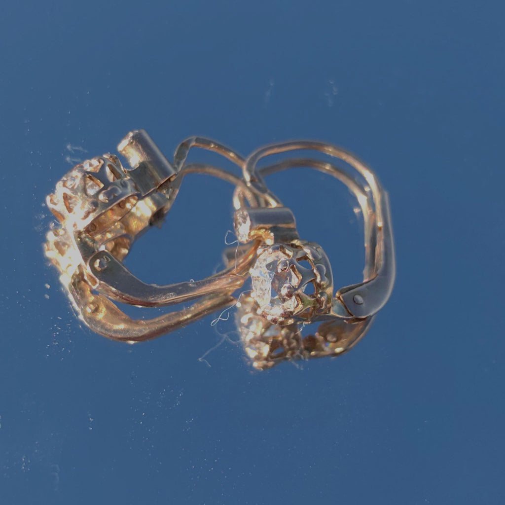 1880s Victorian 14K Champagne Gold Diamond Sleeper Earrings: Antique Dormeuse