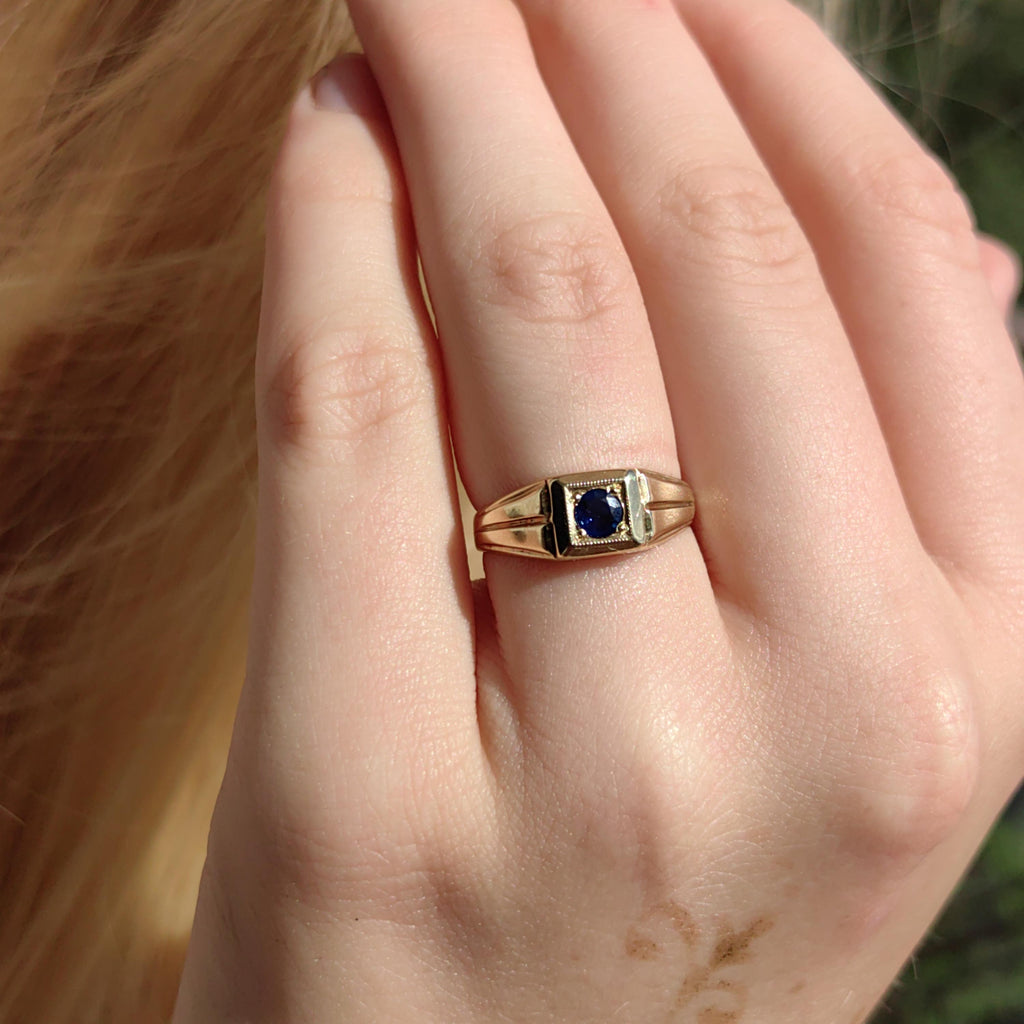 Art Deco Sapphire Ring: 14K Yellow Gold Geometric Engagement Ring