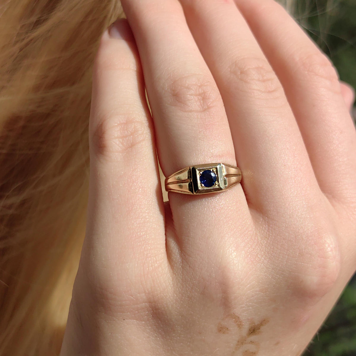 Art Deco Sapphire Ring: 14K Yellow Gold Geometric Engagement Ring