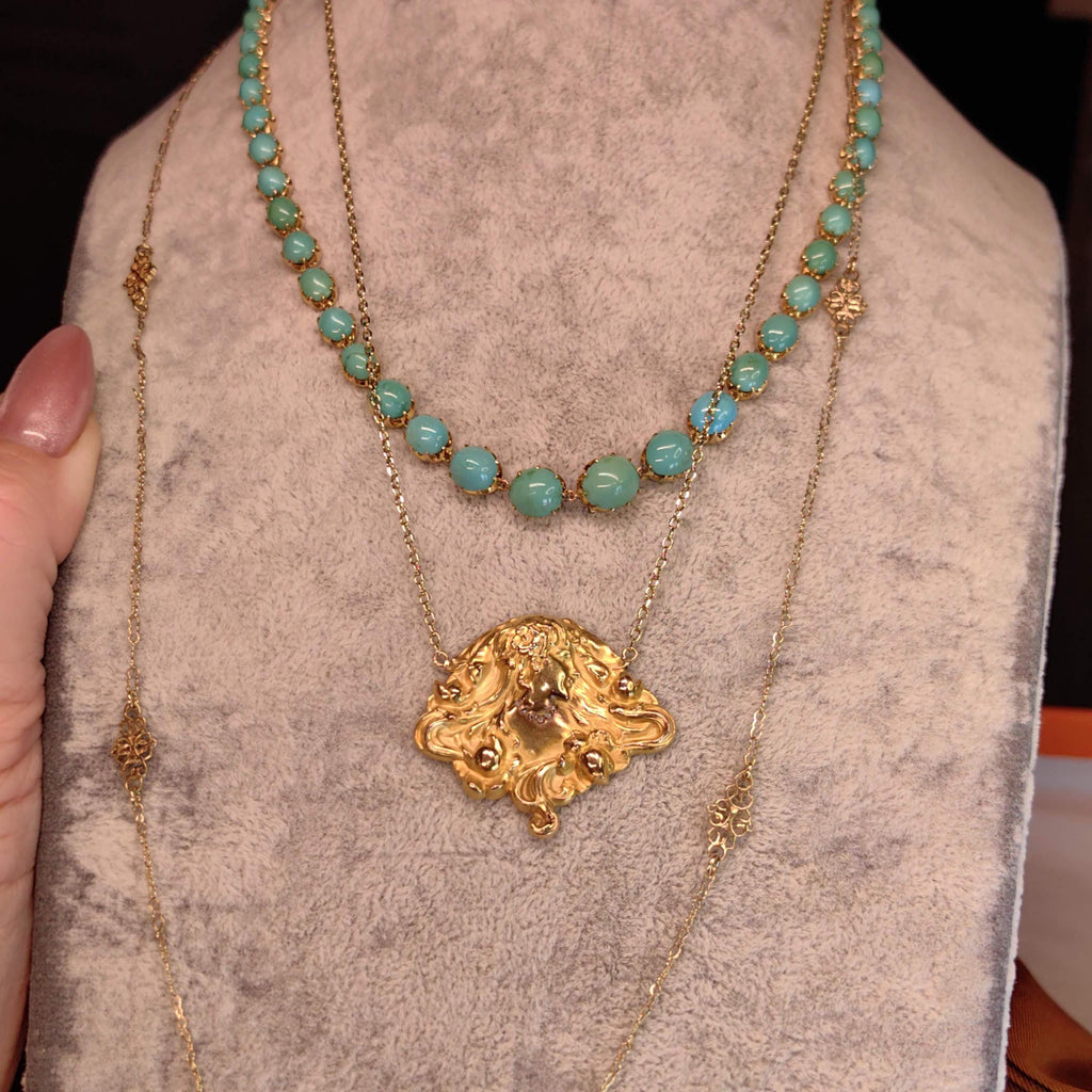 Antique Original Art Nouveau 14K Gold Lady Pendant Necklace French Belle Époque Woman Relief Repoussé Medallion c1900 Hallmarked