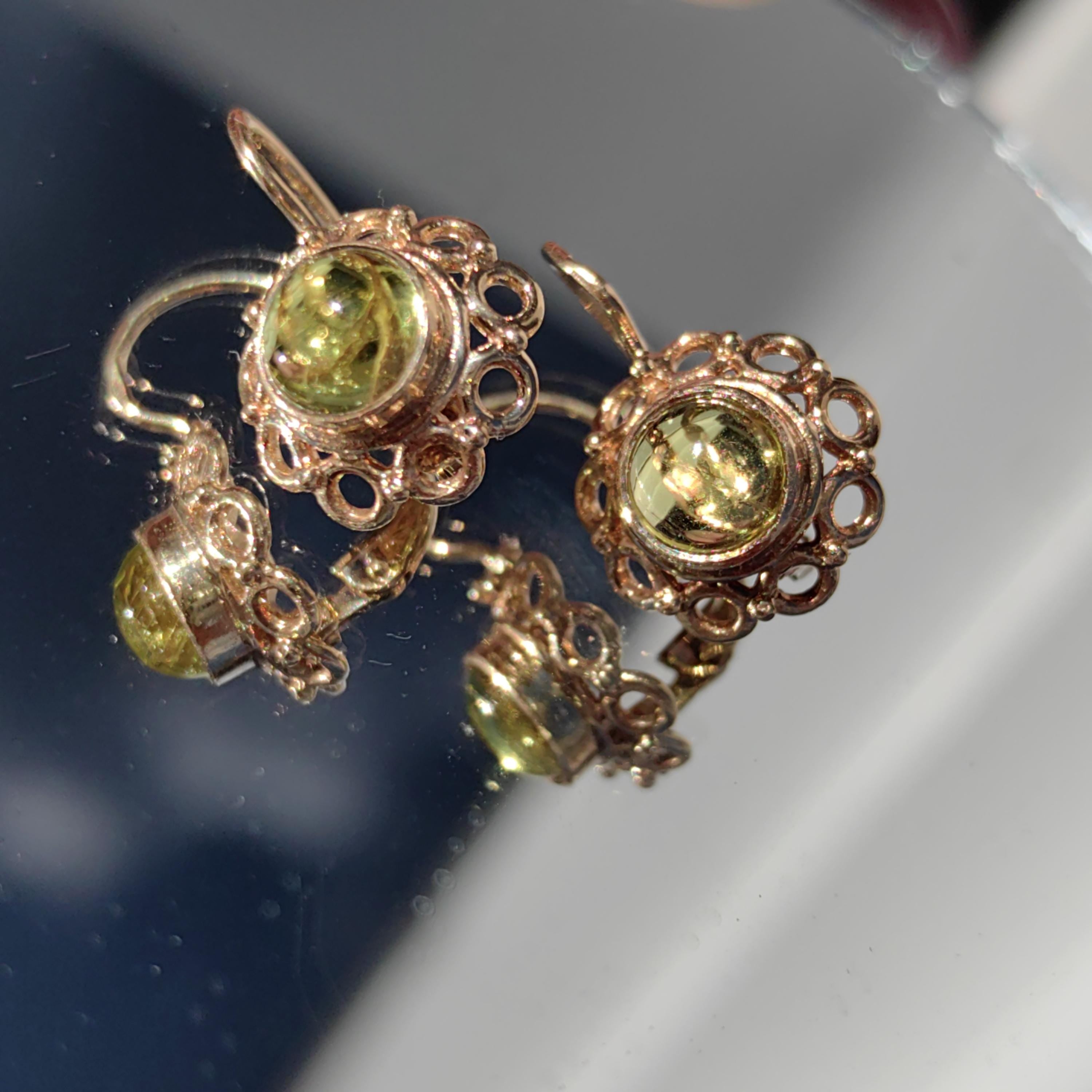 Green 14k Solid Yellow Rose Gold Green Yellow Tourmaline Antique Vintage Floral Flower Elegant Dainty Earrings Vintage 1940s Dormouse Gift
