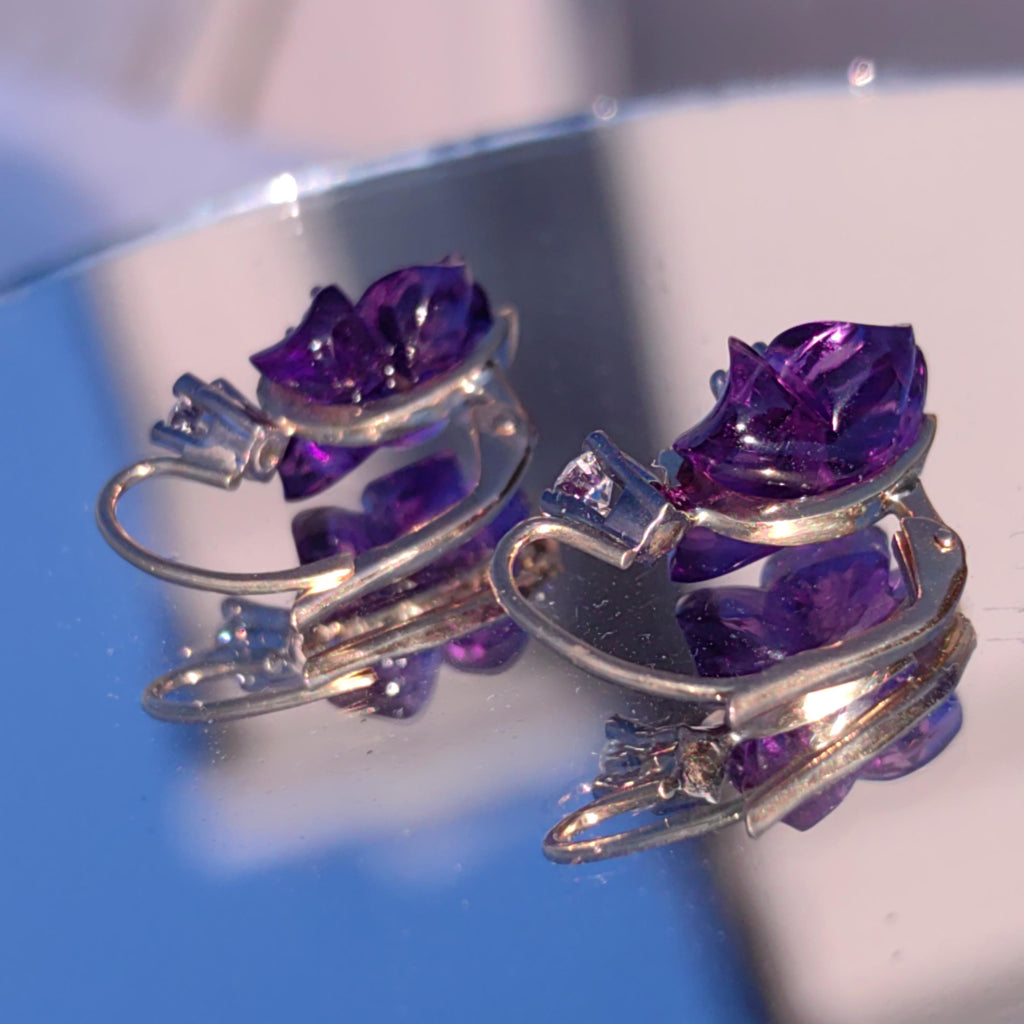 Natural Amethyst and Diamond 18k Solid Gold Flower Sleepers Dormeuse Vintage Antique 1950s Elegant Purple Crystal Earrings Gift for Her